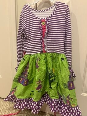 Eleanor Rose Purple & Green Stripe Witch Print Girls Halloween Dress
